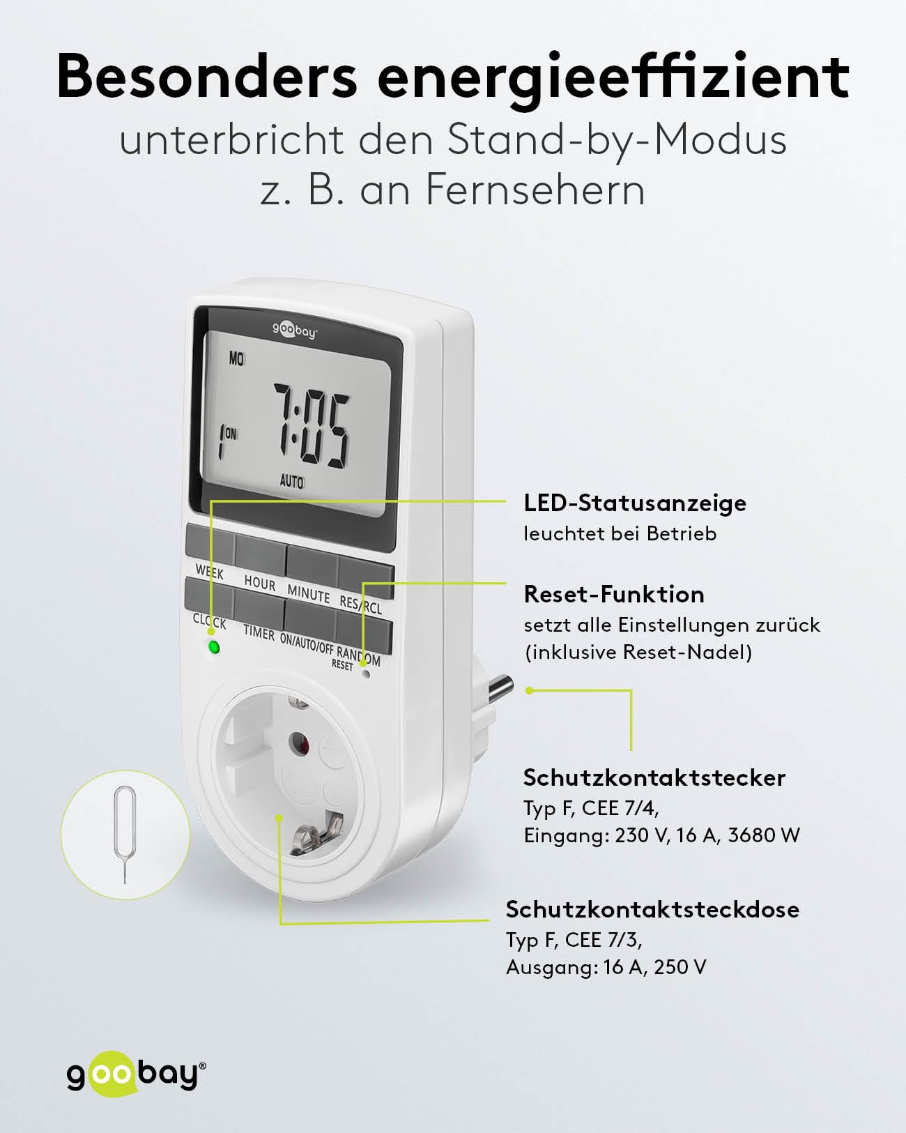 goobay - Zeitschaltuhr 4er Set digital mit 16 Programmen - Zeitschaltuhr Steckdose mit Zufallsmodus zum Einbruchschutz - Timer Steckdose inkl. 100 Tage Back-up Akku - 3680W - 230V (AC) - 16A - 74217