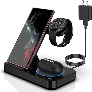 Wireless Charging Station, 3 in 1 Foldable Wireless Charger Compatible with Samsung Galaxy S22/Z Fold/S21/S20/S10, Galaxy Buds+/Live/Pro, Galaxy Watch 4/3/Active2 (QC 3.0 Adapter Included)