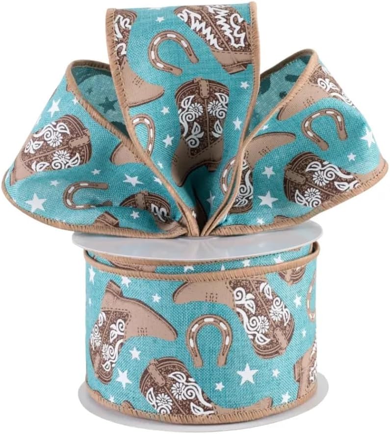 Cowboy Boots and Horseshoes Teal Blue Canvas Ribbon, 2.5" Wired Ribbon for Wreaths, Bows, Gift Wrapping, and DIY Craft Projects (Teal Blue, 15 Feet)