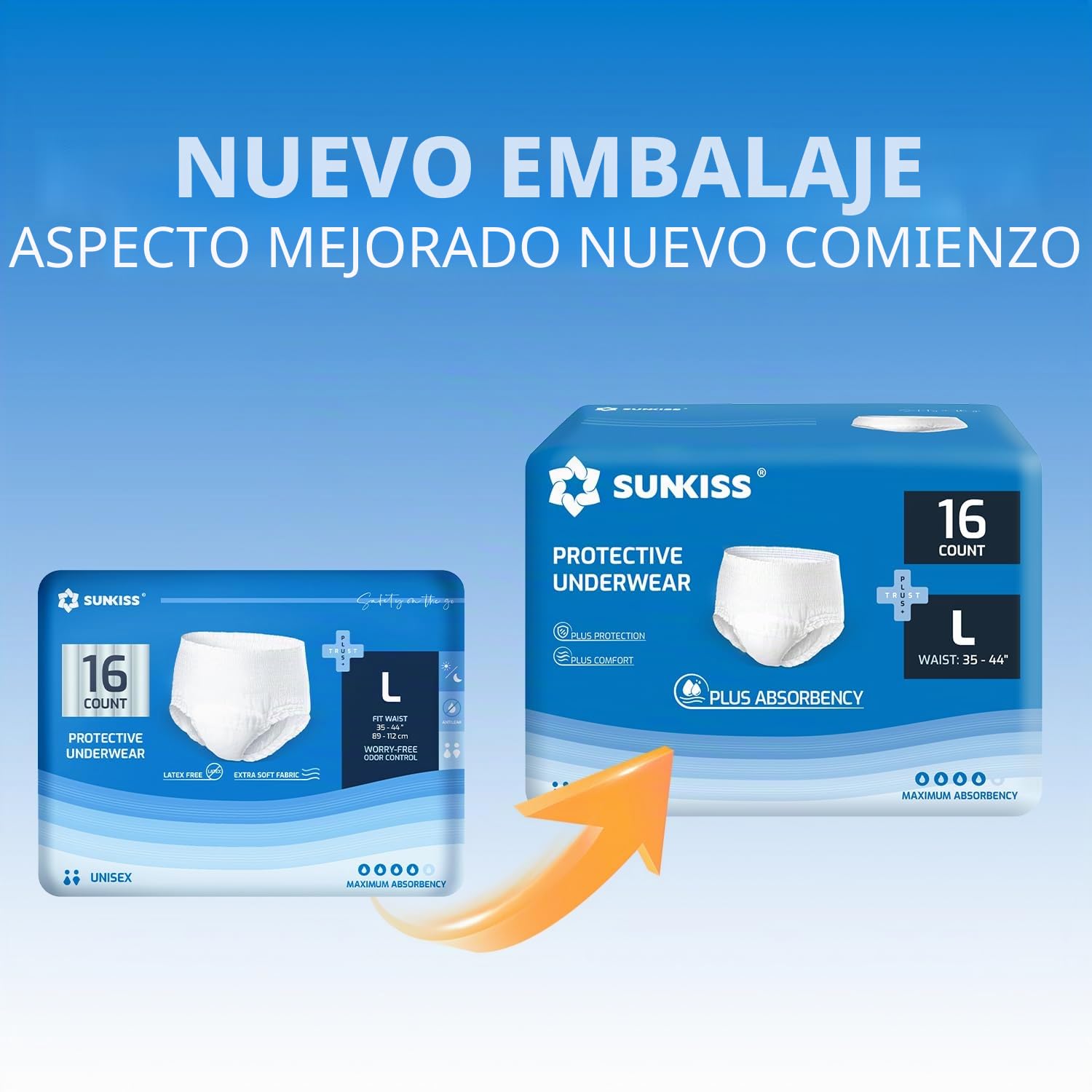 SUNKISS TrustPlus Pantalones Incontinencia para Adultos, Bragas Absorbentes para Hombres y Mujeres, Ropa Interior Absorbentes para Ancianos, Unisex, Bloquean el Olor, Talla L, 16 Unidades