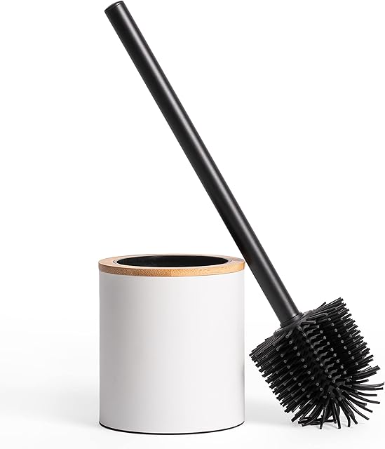 KAZAI. Silicone Toilet Brush & Toilet Brush Holder in Wooden Optic | Stainless Steel Toilet Brush with Silicone Head | Metal Toilet Brush Holder with Bamboo | Rubber Toilet Brush for Bathrooms | White