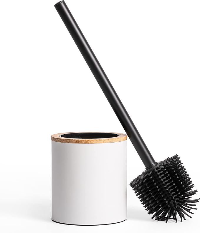 KAZAI. Silicone Toilet Brush & Toilet Brush Holder in Wooden Optic Stainless Steel Toilet