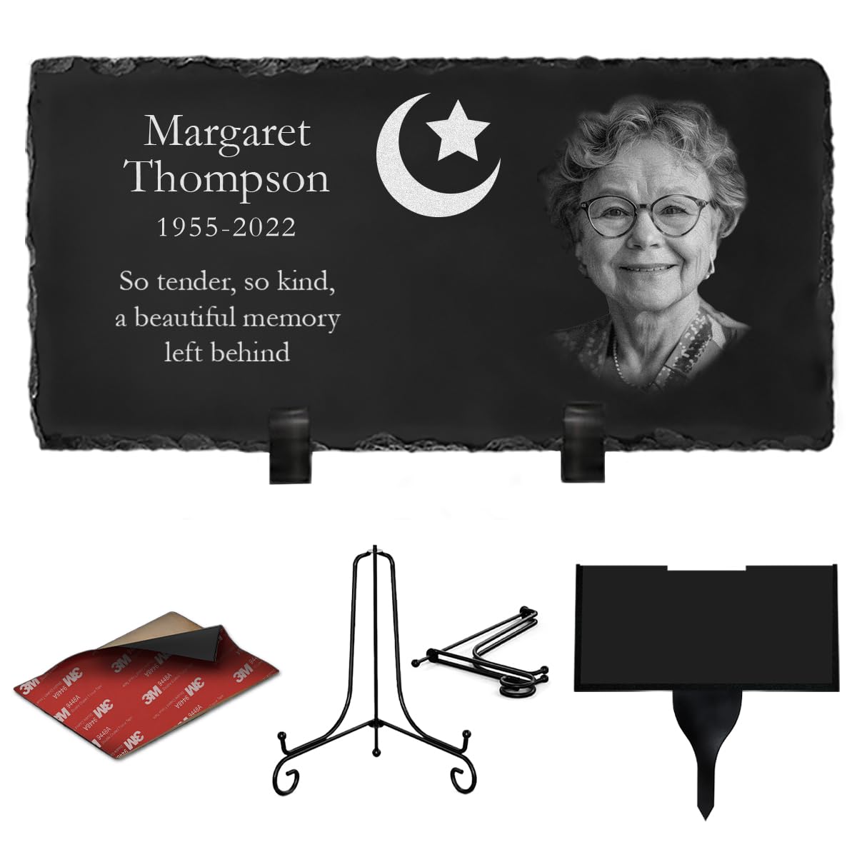 ETERNEL - Personalized Multi-Supports Islamic Funeral Plaque - to plant, stick or place, Slate or Granite, Photo and text of your choice, Cemetery plaque, mortuary, burial, deceased, tribute
