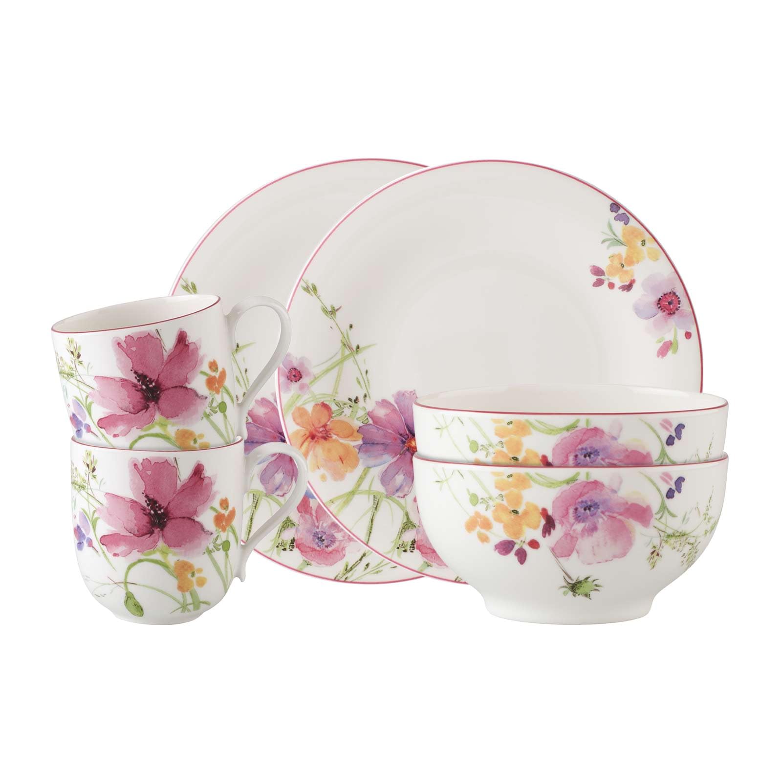Villeroy & Boch - Mariefleur Basic Frühstücks-Set, 6 tlg., Service mit Landhausflair, Premium Porzellan, spülmaschinen-, mikrowellengeeignet, weiß/bunt