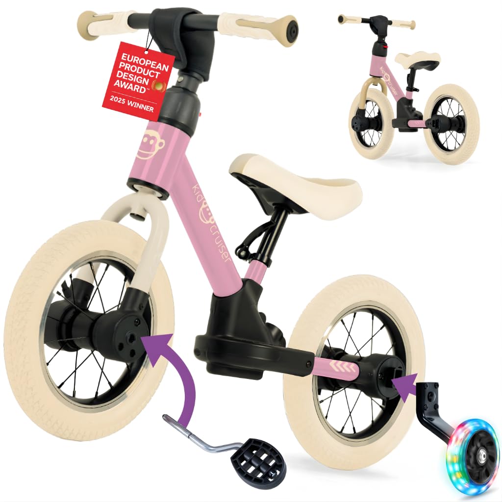 Kidcruiser Toddlers Balance Bike 2–5 Years, 3-in-1, Converts to Pedal Bike with LED Training Wheels – Adjustable Kids First Bike That Grows with Your Child, Pink