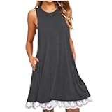 Trendy Summer Casual Sundress Women Sleeveless Knee Length Tank Dresses Lace Trim Hem Swing Mini Dress with Pockets