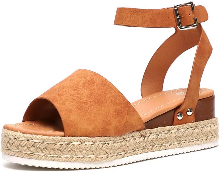 Wedge Sandals Women Espadrilles Ladies Summer Beach Open Toe Buckle Ankle Strap Shoes Platform 5.5cm Brown UK6=EU39