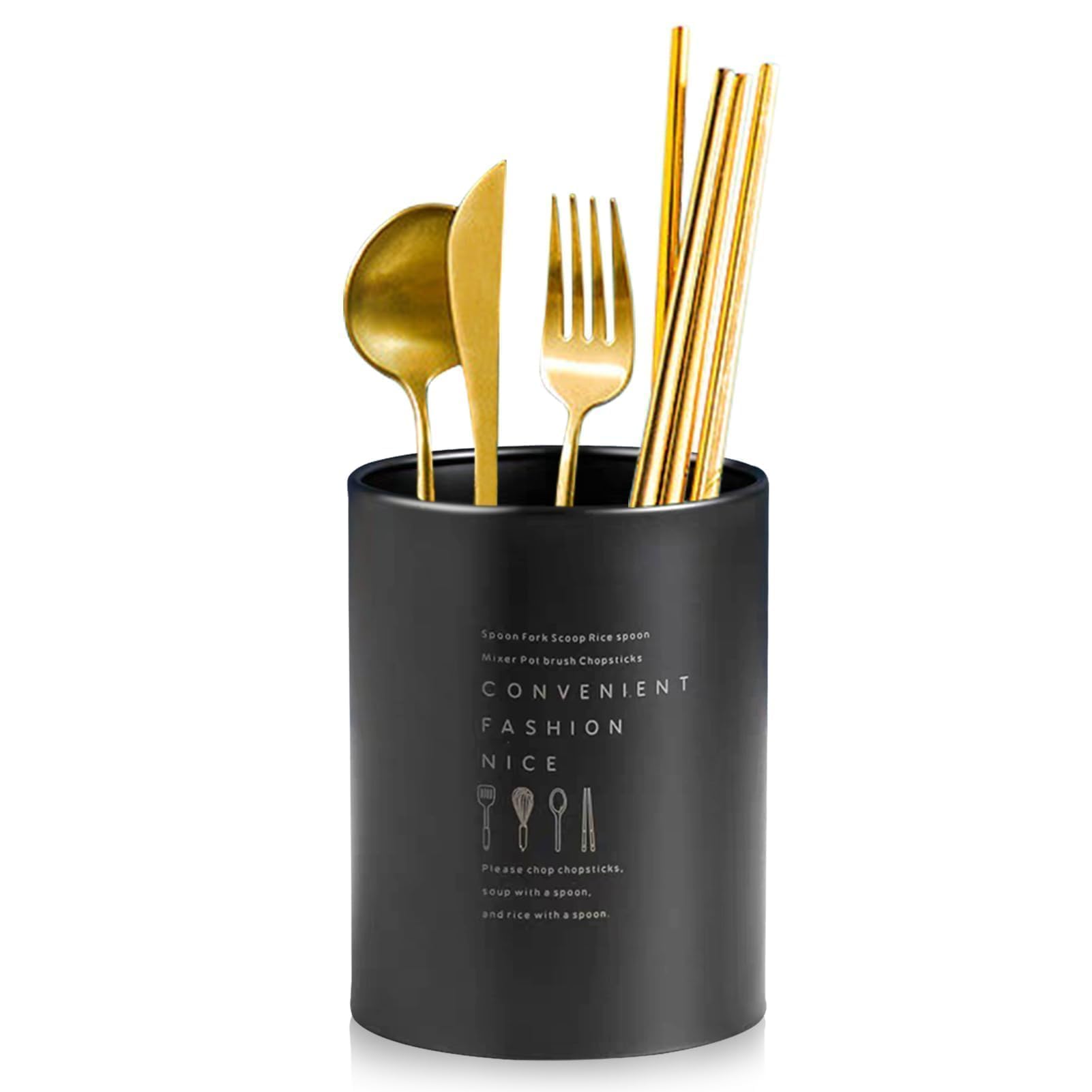 Cyrank Stainless Steel Kitchen Utensil Holder, Black Utensil Holder Cutlery Organizer Silverware Caddy Silverware Holder Spoon Drying Rack for Forks, Knives, Spoons, Chopsticks, 3.94x5.12in
