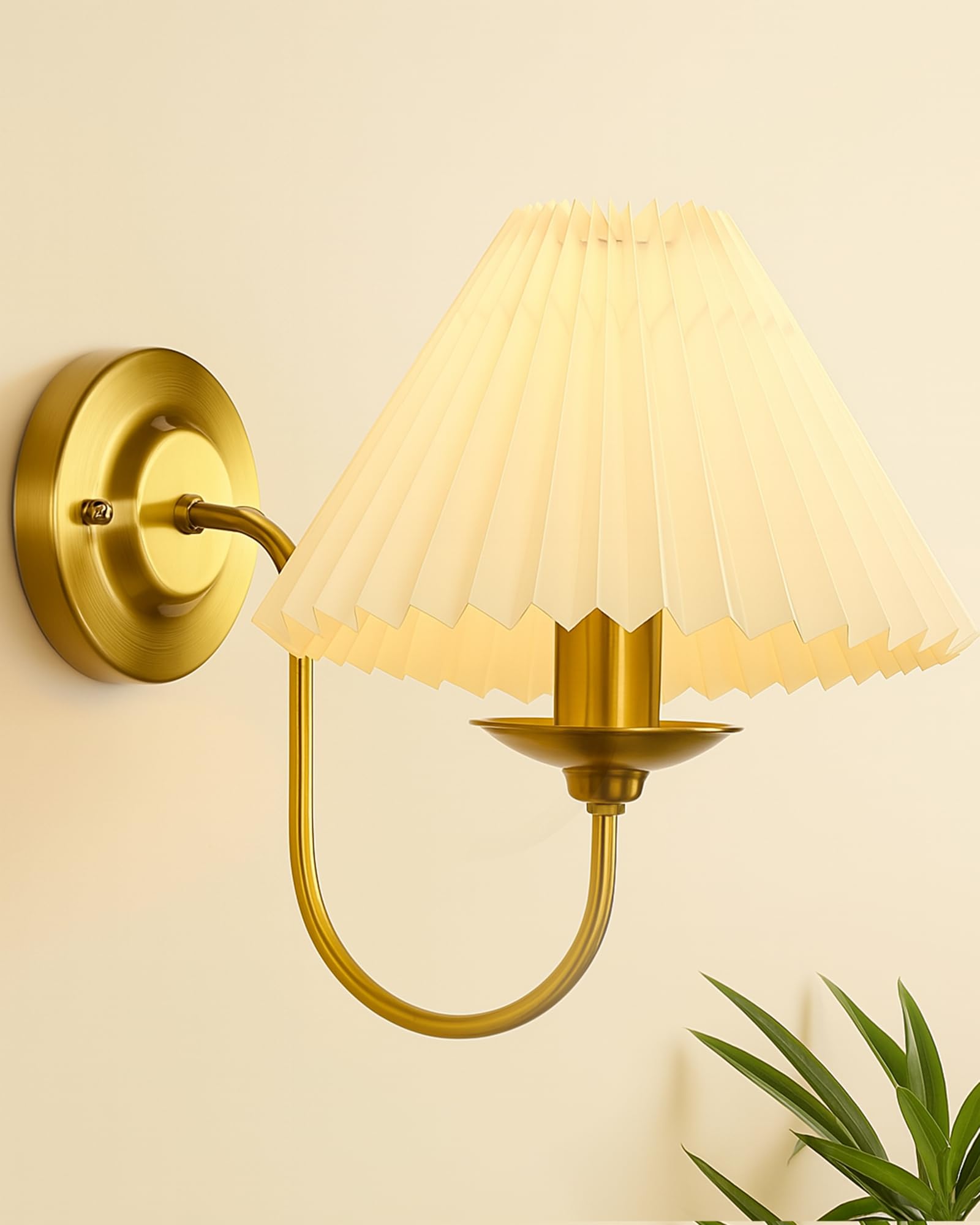Homesake® Antique Brass Wall Sconces Lighting Fixture, E27 Industrial Vintage Gold Wall Light Lamp Bathroom Decor for Bedroom Living Room, Fabric Shade, Golden, (Pleated Off-White)