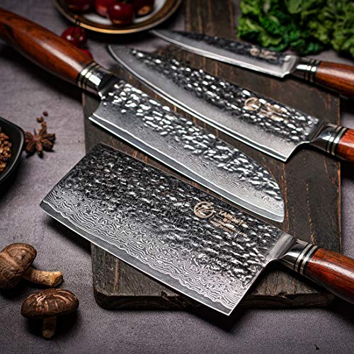 YARENH Damascus Kitchen Knives Set with Cleaver 4 Pcs - 73 Layers Japanese High Carbon Stainless Steel - Full Tang Natural Dalbergia Wood Handle - Professional Chef Knife