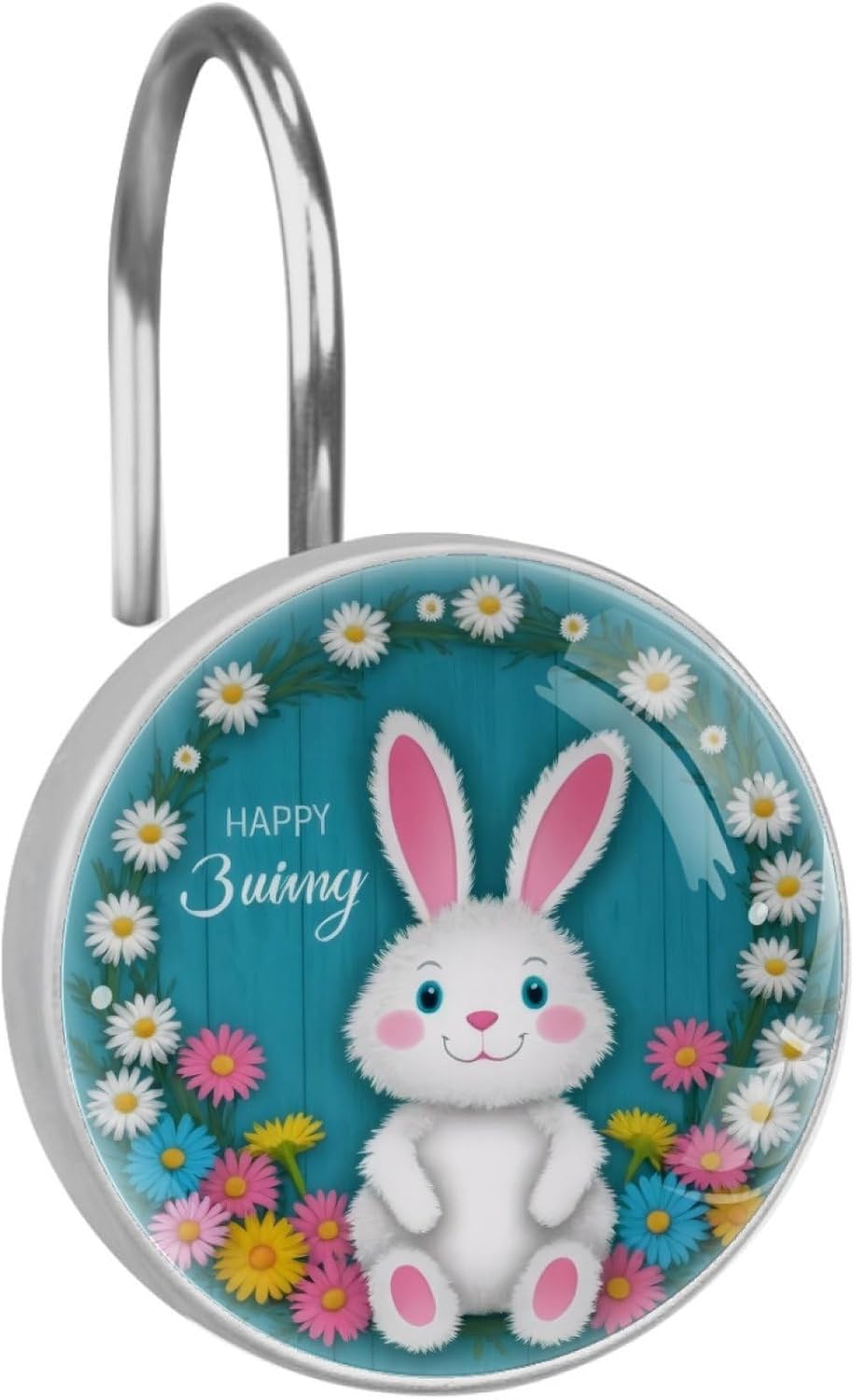 12 Pcs Rabbit Daisies Teal Plank Shower Curtain Hooks, Decorative Shower Curtain Rings for Bathroom, Stainless Steel Rustproof Curtain Rings Hangers for Shower Curtain Rod