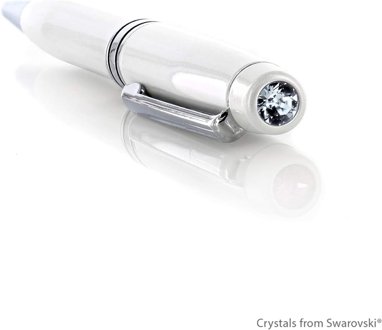 Baron-Jewelry Luxurious glossy ballpoint pen enriched with 6mm crystal at the tip. Top-grade metal plating with a sturdy clip. Measures 5 ¼” long. (White with clear crystal.)