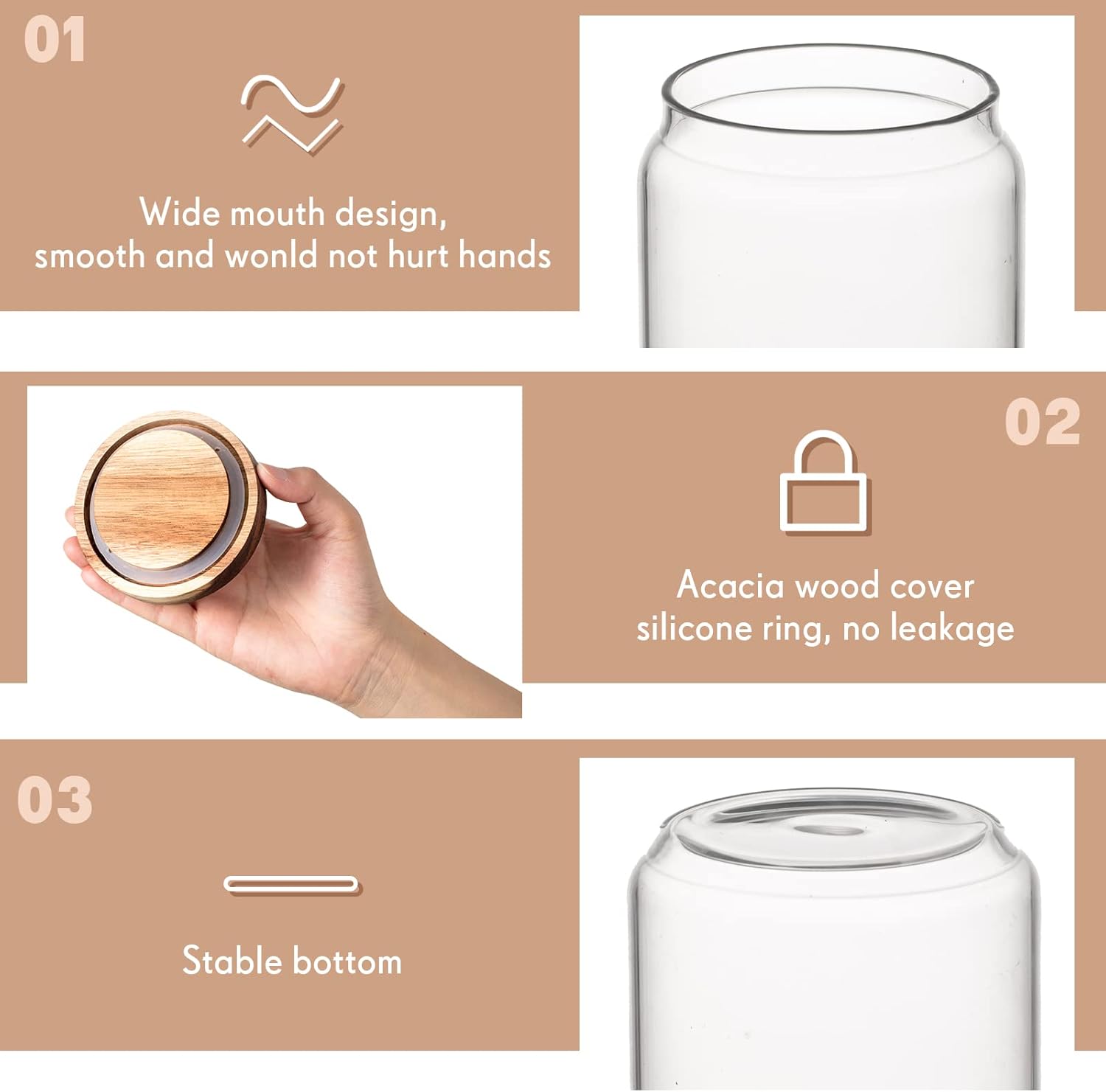 Irenare 16 Pack Glass Containers Canister Set, 17 oz Food Storage Spice Jars with Airtight Lids, Clear Kitchen Containers for Coffee Sugar Tea Beans Nuts Candy Pantry Organization (Wood) - Image 3