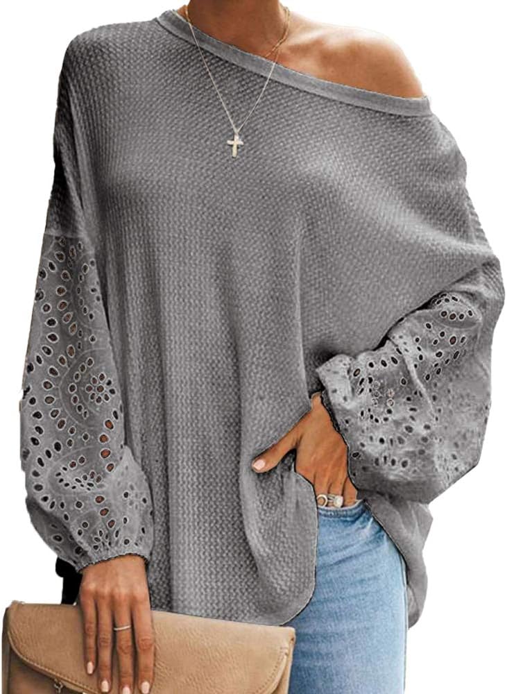 FACAIFACAI Long-sleeved T-shirt Girl Chunqiu Pure-coloured Round Son Is An Empty Spliced Loose Top,Grey-L