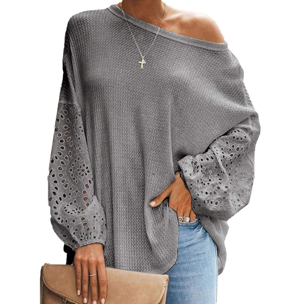 FACAIFACAI Long-sleeved T-shirt Girl Chunqiu Pure-coloured Round Son Is An Empty Spliced Loose Top,Grey-L