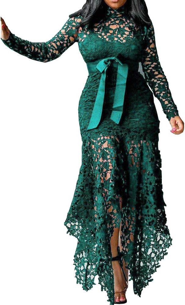 VERWIN Hollow Floor-Length Lace-Up Asymmetrical Women's Maxi Dress Sexy Lace Dress Party Evening Dress