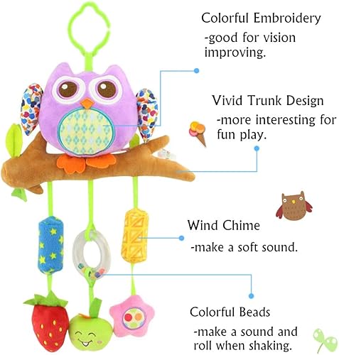 Miniatura 2 de daisy's dream Juguetes de cochecito de bebé con diseño de búho para bebé, juguetes de peluche colgantes con carillón de viento y chirrido para cuna,