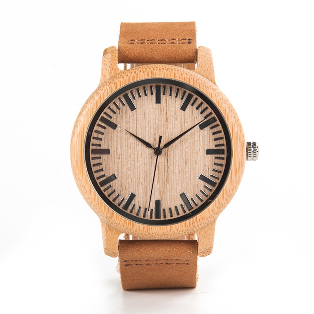 Kim Johanson Orologio da polso da uomo, in legno di bambù, colore marrone, con vera pelle, realizzato a mano, al quarzo, analogico, con confezione regalo inclusa, bambù, Senza pietra.