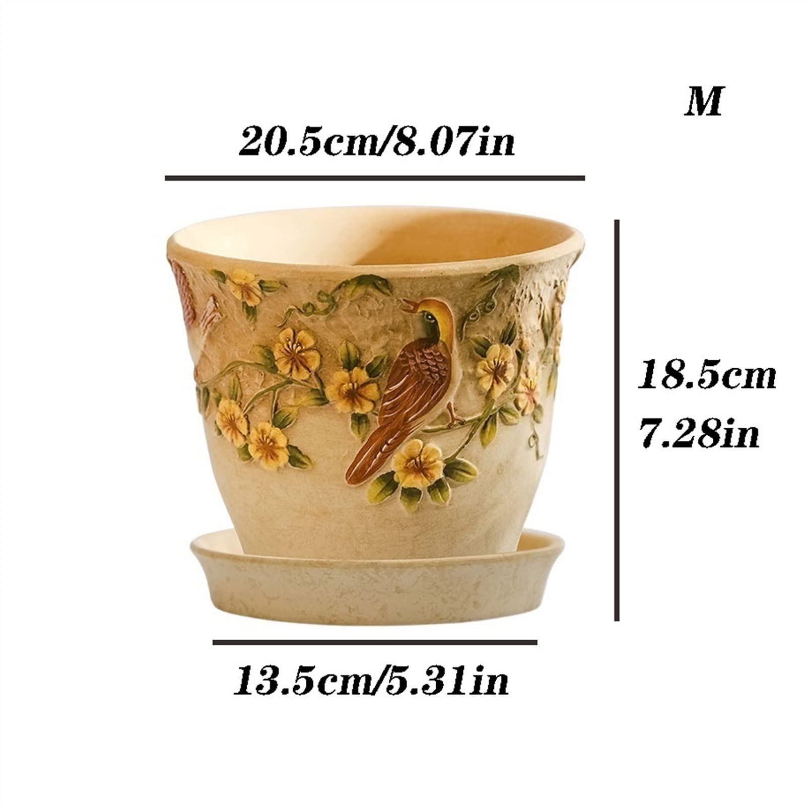 Doniczka kwiatowa Ceramiczna doniczka z tacą kreatywna ulga ręcznie malowana doniczka w stylu retro duża doniczka z otworem spustowym taca Doniczki na Rośliny (Size : M)