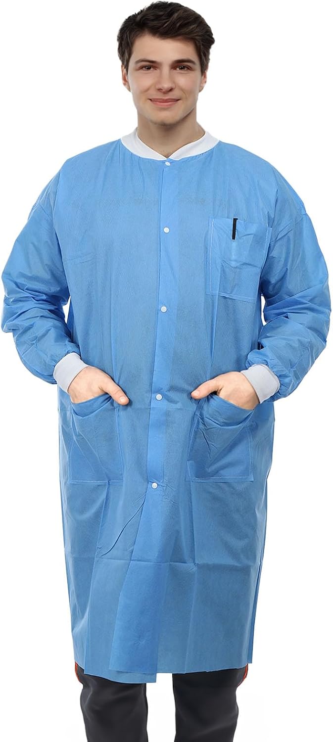 Dental Disposable Lab Coats | Durable SMS 45g Soft Knit Cuffs & Collar With 3 Pockets