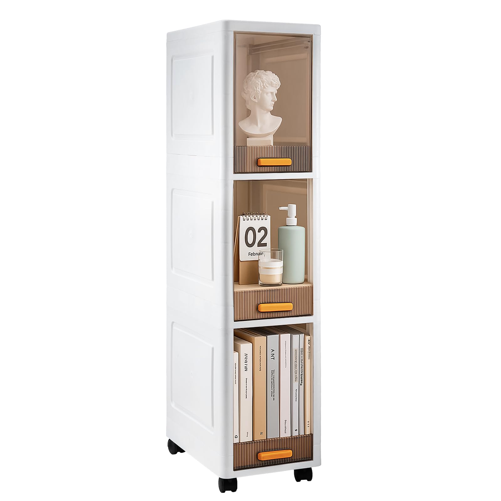 SUNNYNEST Bathroom Storage 3 Tier Narrow Bathroom Cabinet with Wheels and Removable Shelf Slim Bathroom Storage Unit Free Standing for Toilet Roll Towel Shower Clear Smoke