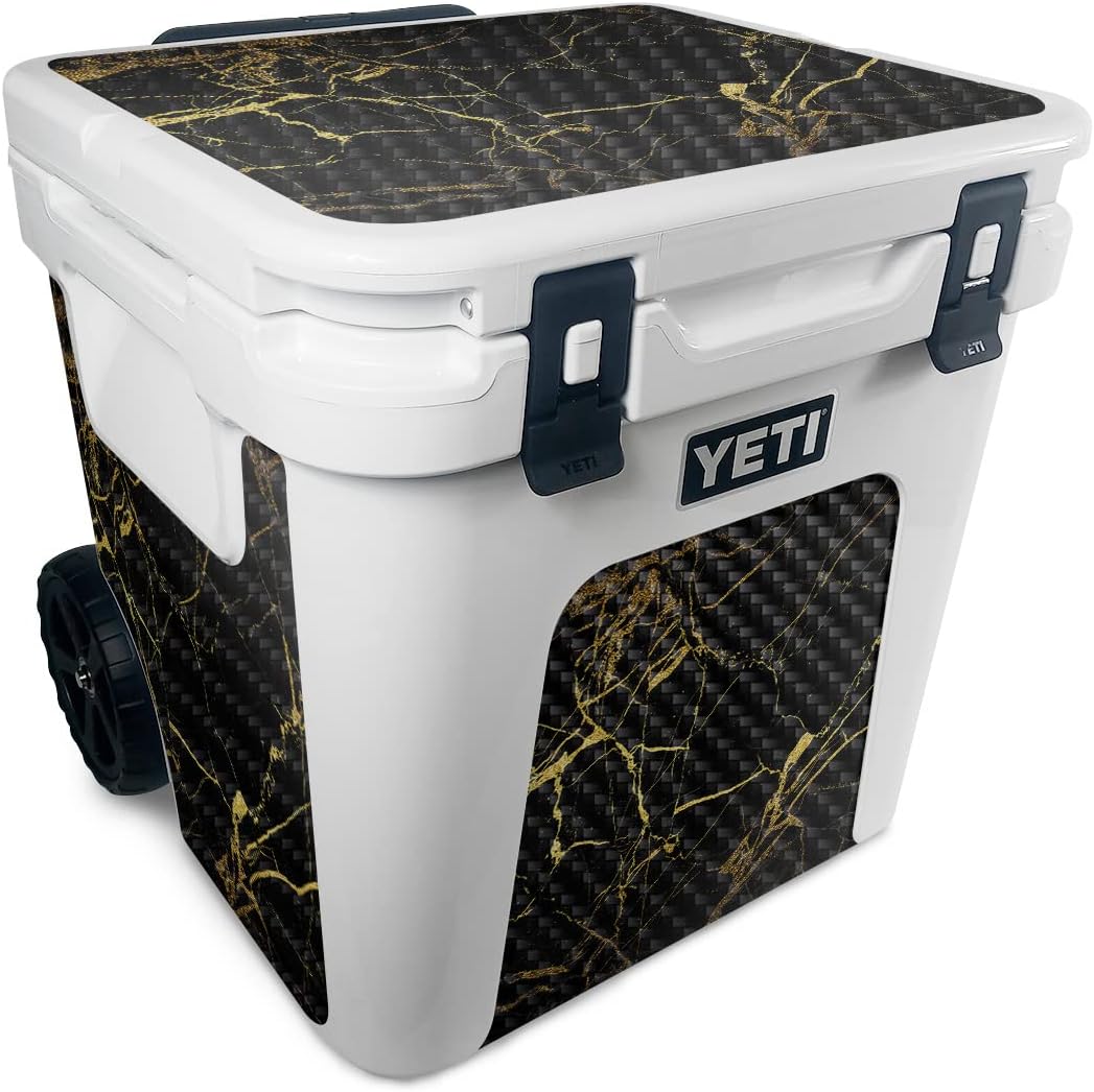 MightySkins Carbon Fiber Skin Compatible with Yeti Roadie 48 Wheeled Cooler - Black Gold Marble | Protective, Durable Textured Carbon Fiber Finish | Easy to Apply and Change Styles | Made in The USA