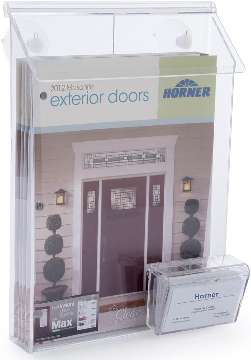 Literature Holder Mounts on Window, 9"W x 11"H Pocket, Lid Snaps Shut, Includes Business Card Holder, Clear Acrylic
