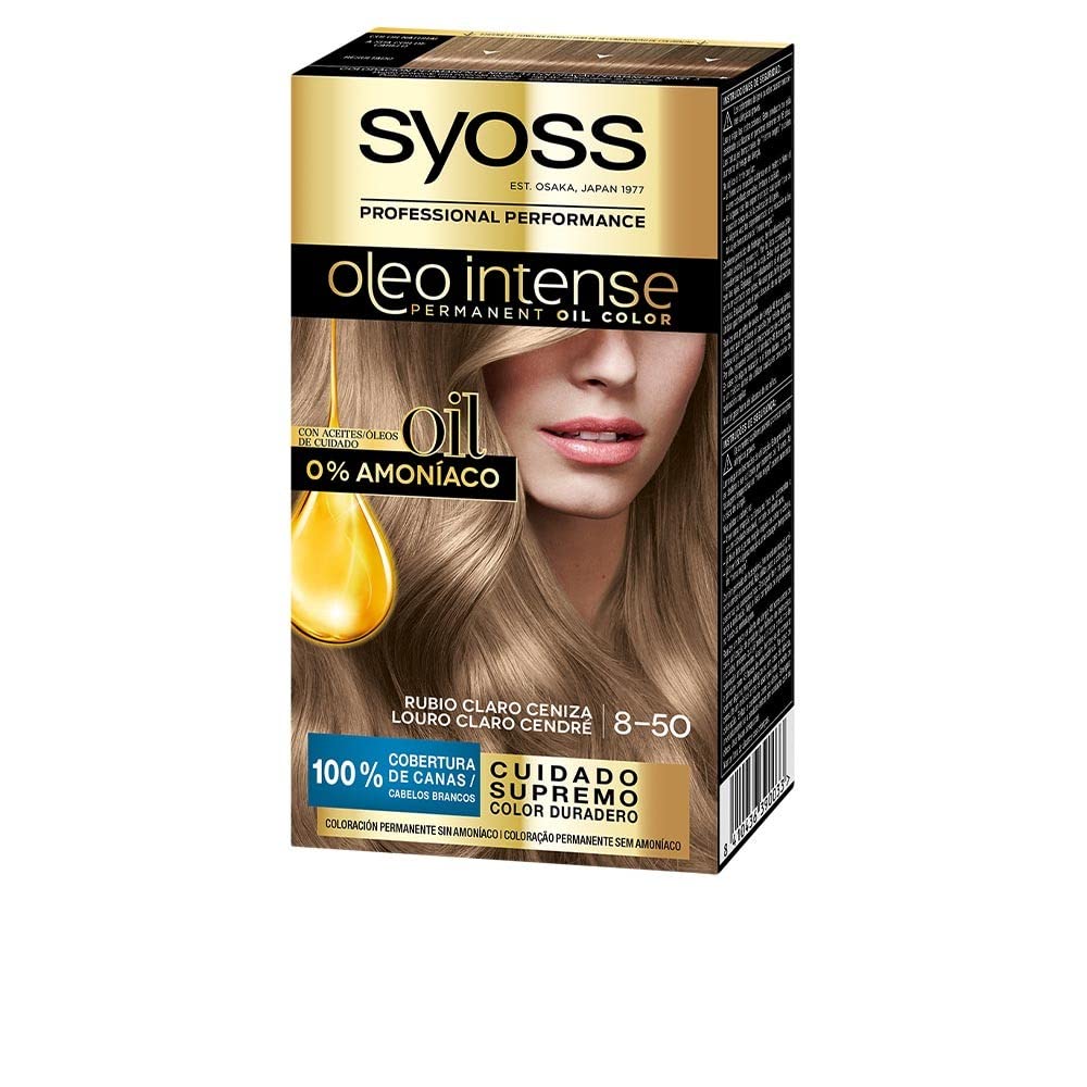 SYOSS OLEO INTENSE Coloración Permanente Sin Amoníaco, Resultados de Peluquería, Cobertura Profesional de Canas, Tono 8-50 Rubio Ceniza, 3 x 20 G