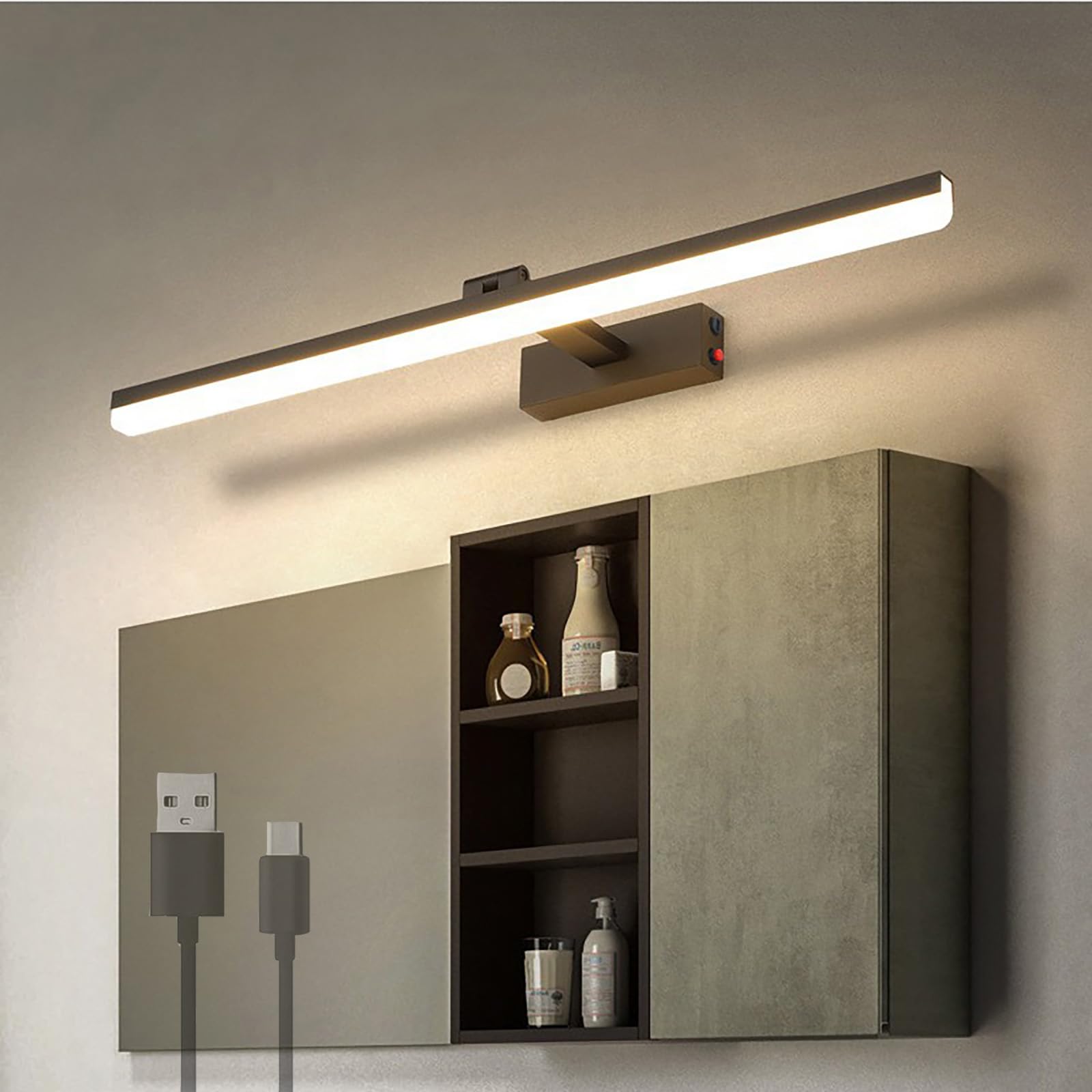 JYBNBBE Wall Sconce Lights Indoor LED Bathroom USB Rechargeable Fixture Wall Lamp Modern Black 180° Rotatable Reading Lighting with Adjustable Arm for Vanity Picture Display
