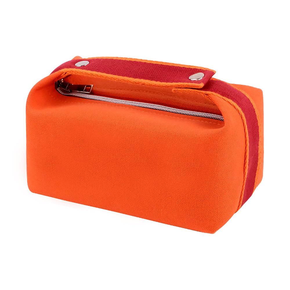 Fashion Portable Canvas Makeup Bag, Cosmetic Bag Organizer, Travel Toiletry Bag for Women and Girls, Orange, Button Webbing