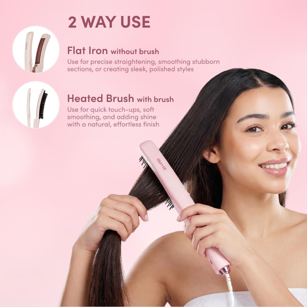 Flat Iron Hair Straightener Brush, 2 in 1 Flat Iron Hot Comb with Ceramic Plates & 3 Heat Settings, Dual Voltage Shine Boosting Straightening Brush for Women, Anti-Frizz Smooth Waves & Curls