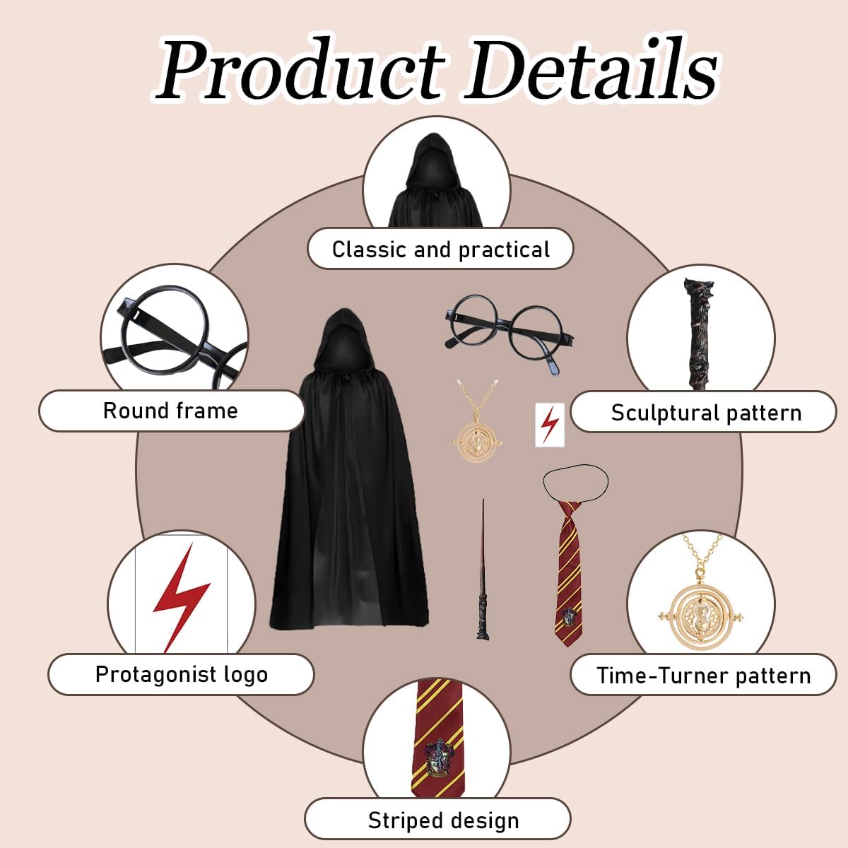 AXERHK 6 PCS Wizard Cape Costume, Potter Accessories Set including Cloak, Tie, Glasses, Wand, Tattoo Sticker and Necklace - Image 3