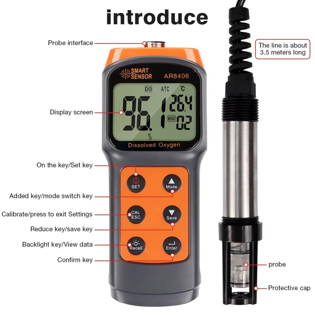 Probador de DO para Acuicultura, Probador de Calidad del Agua, Medidor Digital de Oxígeno Disuelto, Detector de Oxígeno Portátil, Detector de Contenido de Oxígeno