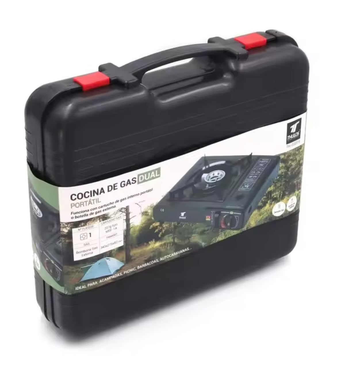 Cocina de Camping Gas Portátil DUAL – Compatible con Cartucho B250 y Botella de Butano – Hornillo Camping Potente, Seguro y Compacto para Exterior (COCINA DUAL + MANGUERA + REGULADOR GAS)