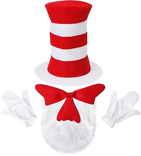 4 Pcs Halloween Costume,Red Bow/Red White Striped Hat/White Furry/White Gloves