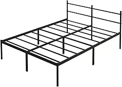 Estrutura de cama metálica resistente com cabeceira e espaço de armazenamento, não requer colchão, fácil montagem, altura 34 cm, preto (Queen (padrão dos EUA))