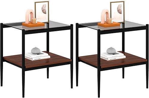 Miniatura 4 de Juego de mesa auxiliar y mesa auxiliar de 3 piezas, marco de metal negro, mesa auxiliar superior de cristal, estante superior cuadrado, mesas