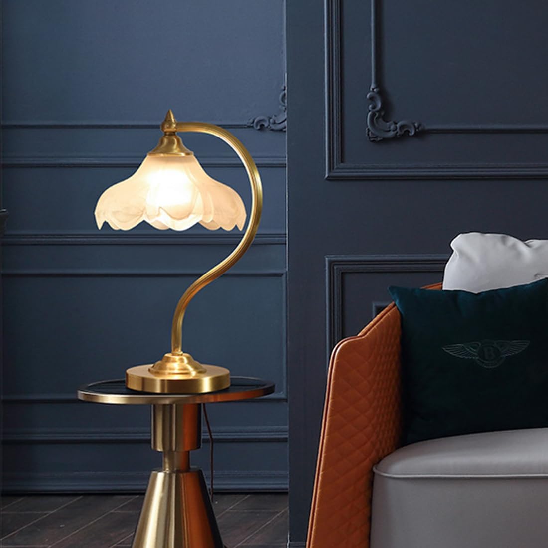 Brass Table Lamp Mid Century Modern Table Lamps Gold Desk Lamp with Flowers Glass Shade Glass Nightstand Lamp Rustic Table Lamp for Farmhouse End Table Bedside Bedroom Living Room