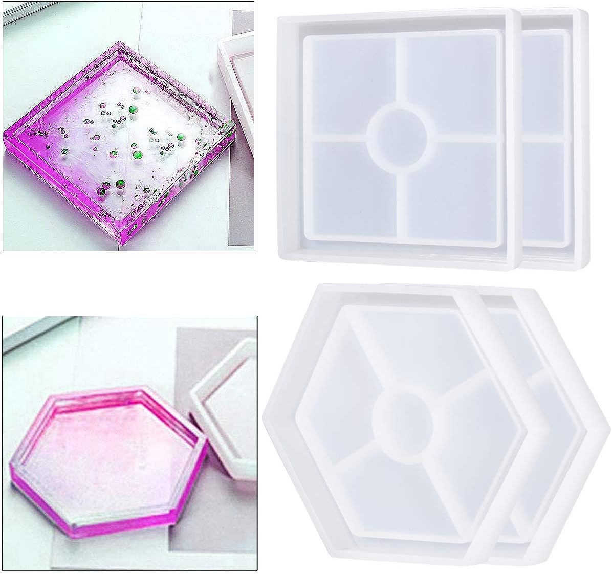 ANPHSIN 4 Pack DIY Coaster Silicone Molds- Hexagon and Square Shaped Resin Epoxy Molds for Casting with Resin, Cement, Concrete Home Decoration DIY Craft