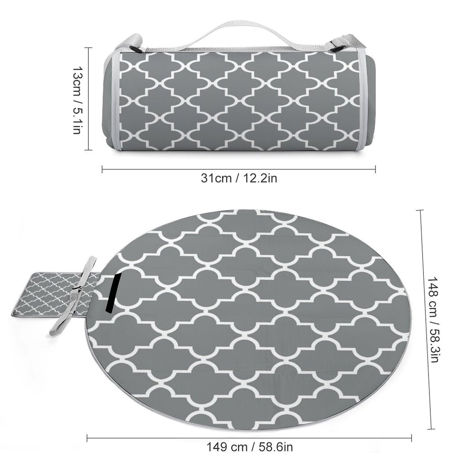 Tappeto rotondo da esterno a quadrifoglio grigio da 148 cm, per decorazione patio e picnic all'aperto. Coperte da spiaggia - Coperta da spiaggia pieghevole impermeabile a prova di sabbia