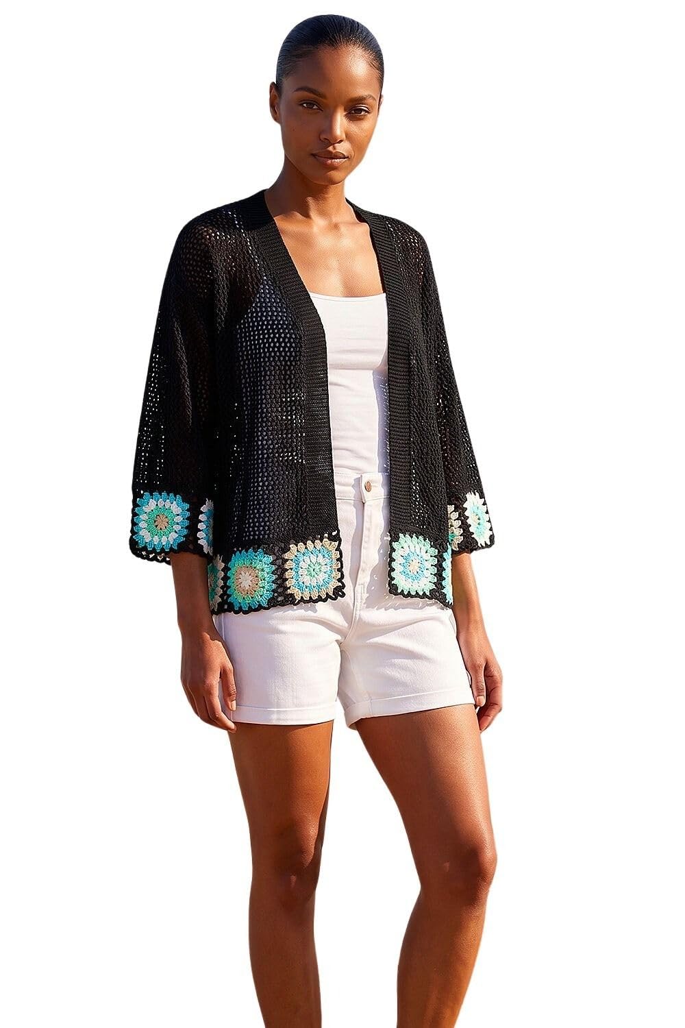Roman Originals Women's Black Edge Crochet Hem Knit Cardigan For Uk - Everyday Holiday Spring Summer Comfy Soft Evening Vacation Work Party - Size 18