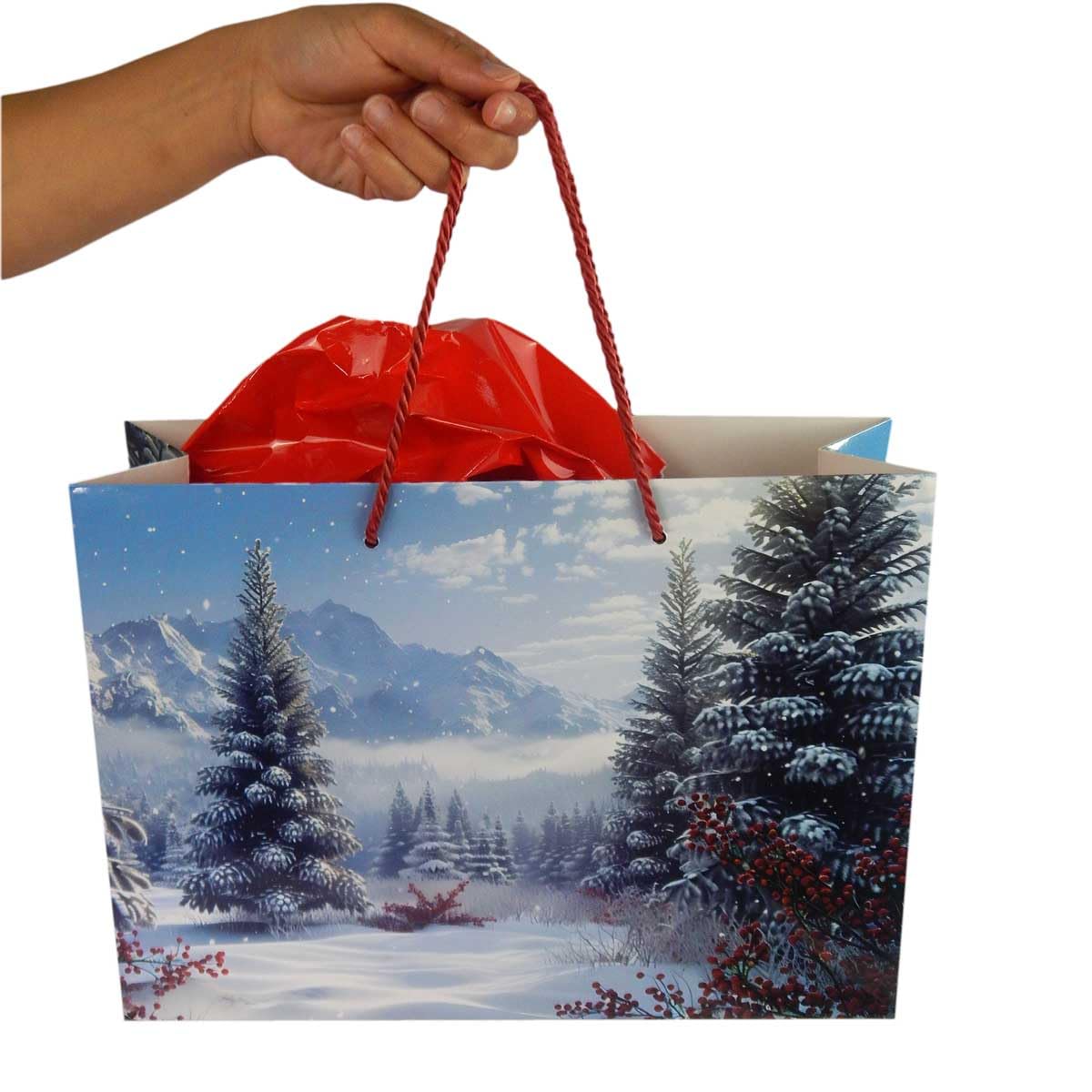 Papiertaschen Weihnachten - 25 Stück, Winterlandschaft 32+12x26 cm, hochwertige Weihnachtstüten für Geschenke mit edler Textilkordel rot | HUTNER