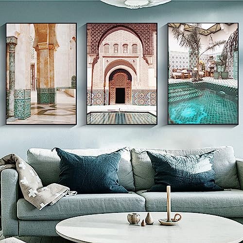 BACKYMRART Modern Canvas Wall Art Moroccan Door Poster Architecture Decor Islamic Muslim For Living Room No Frame(16x24inchx3 Unframed)