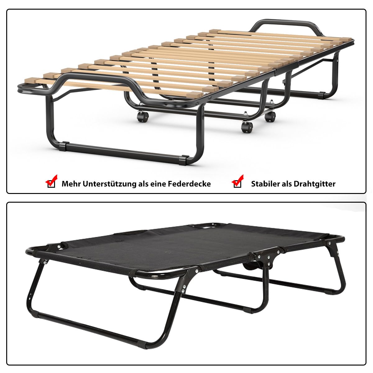 COSTWAY Gastenbed, 80 x 200 cm, inklapbaar logeerbed met matras van traagschuim, opklapbed met stevig stalen frame, tot 120 kg, metalen bed op wielen, voor logeerkamer, camping, beige