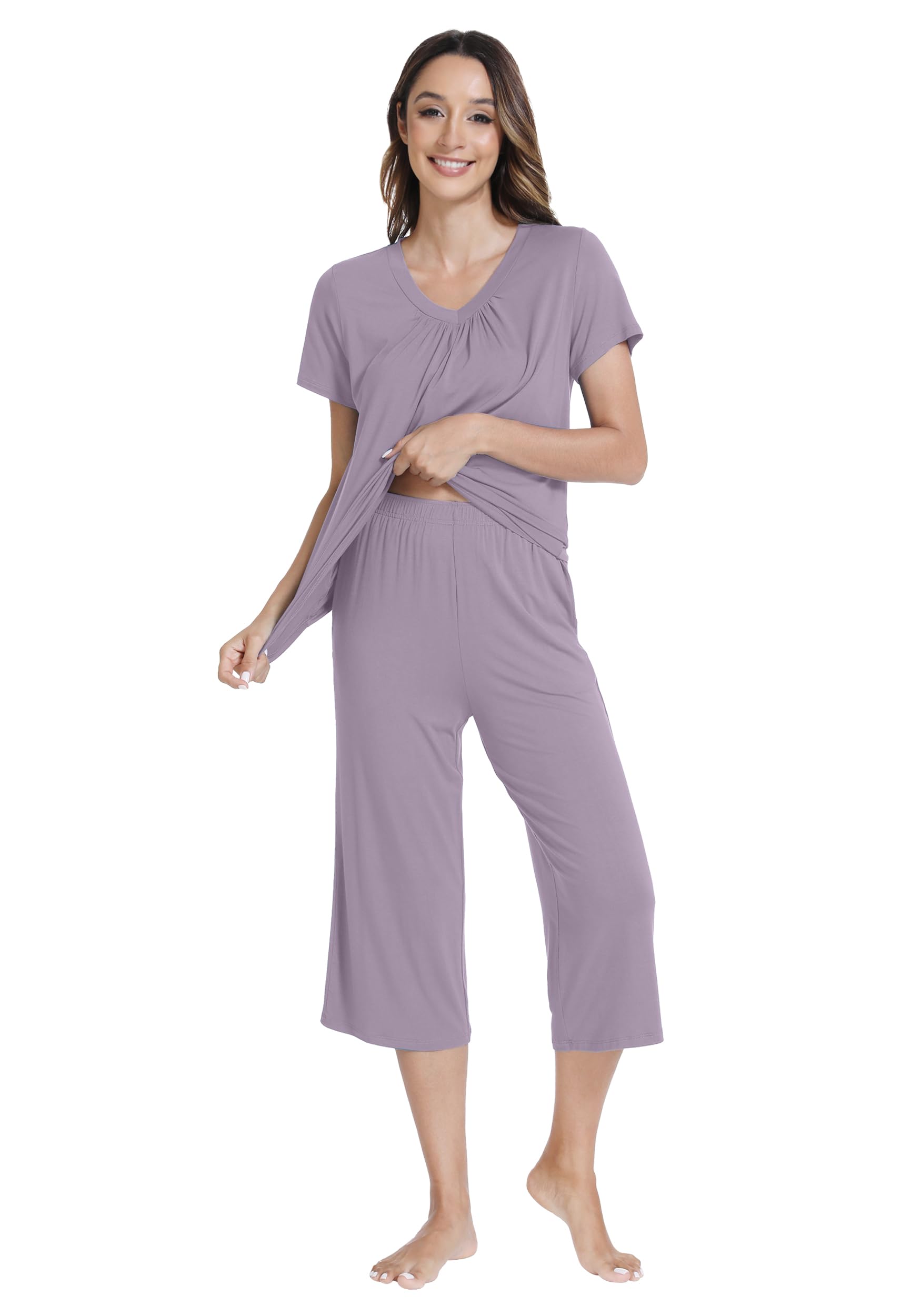 WiWi Conjunto de pijama suave para mujer, camiseta suelta de manga corta con capris y pantalones capri, pijamas S-XXL