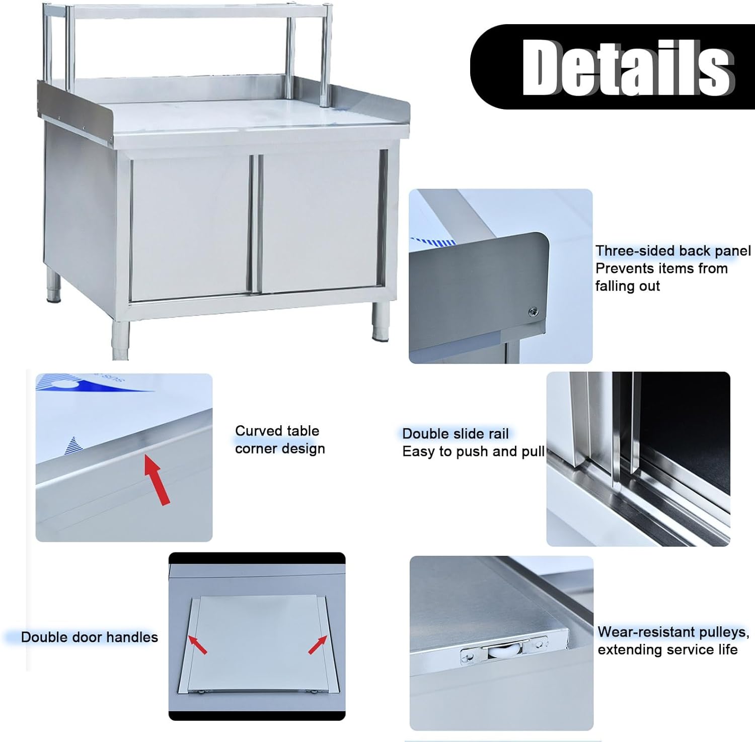 Stainless Steel Workbench 2-Panel Sliding Door Dual-Track Kitchen Work Table Single-Tier Shelving with Back Panel Generous Storage Capacitility Includes Upright Frame Adjustable Feet