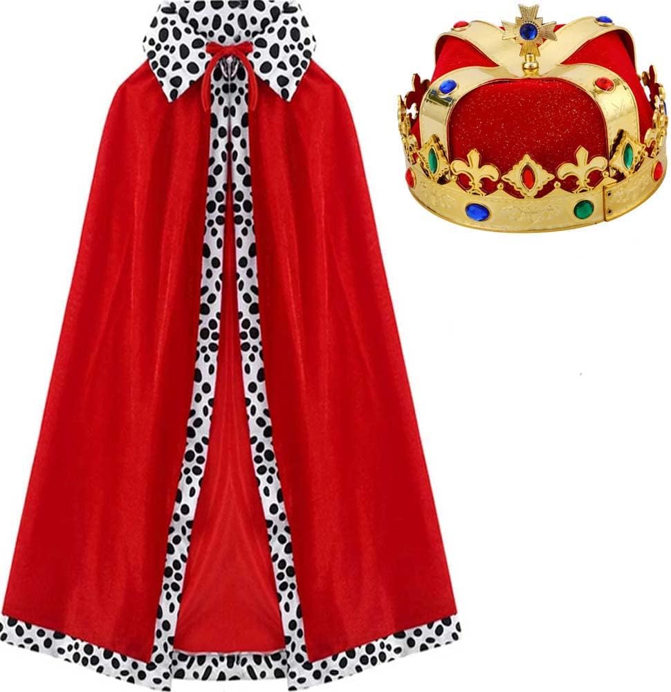 HPMAISON King Queen Fancy Dress Crown Hat with Adult Cape Set Prince Costume Tiara for Men Royal Outfits Red Cape and Headwear Cosplay Birthday Party Halloween Role Play