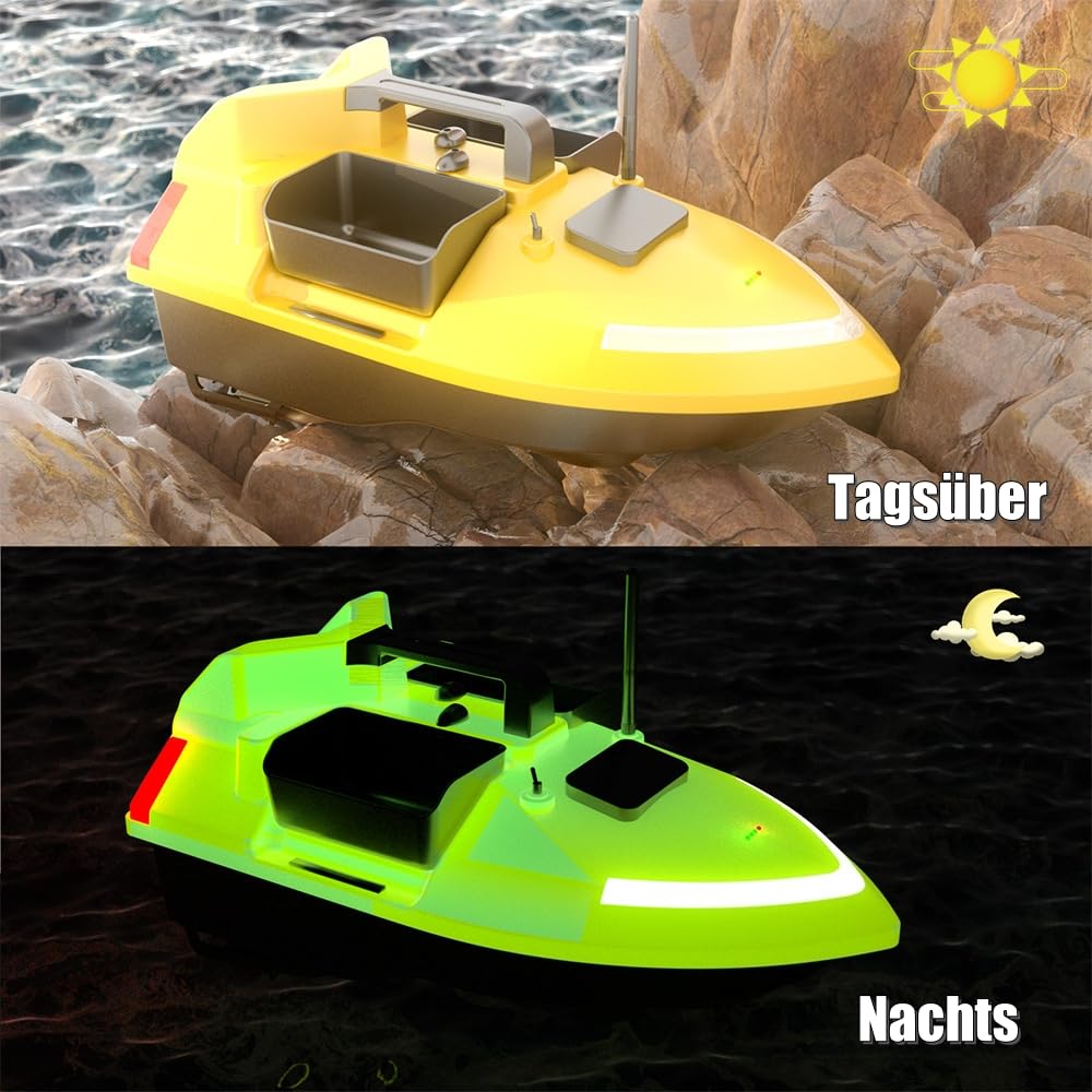 500m Futterboot mit GPS, 12000mAh Nachtangeln Fischköder Köderboot mit LED,10km/h, Fernbedienung Futterboote Bait Boat Ferngesteuertes Köderboot, 2 KG Beladung