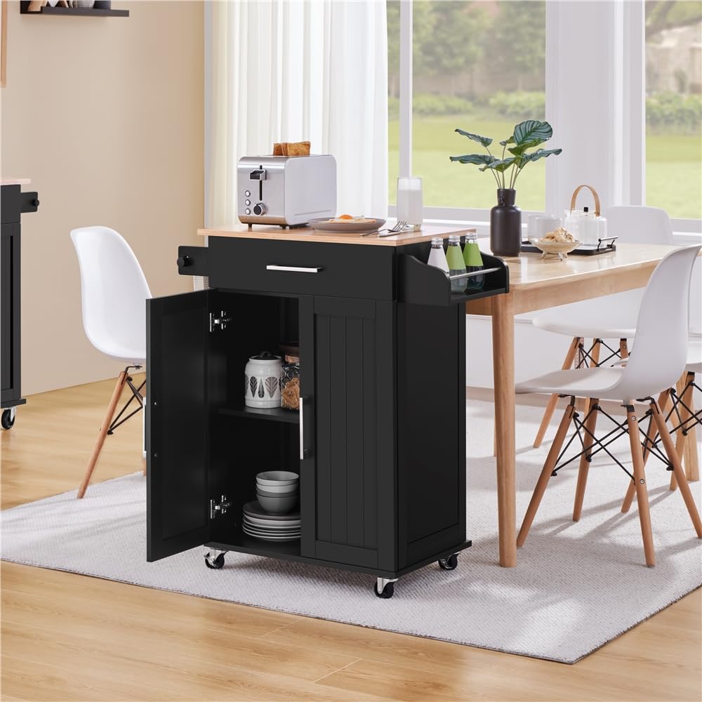 Yaheetech Carrello da Cucina con Ruote Cassetto a 2 Ante Piano di Lavoro Carrellino Salvaspazio con Portasciugamani e Portaspezie Moderno Porta Microonde 91,5 x 66 x 45,5 cm Nero