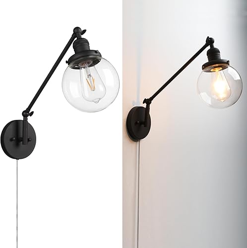 Miniatura 2 de PERMO Aplique de pared industrial vintage con mini pantalla redonda de vidrio transparente soplado a mano de 5.9 pulgadas (negro)